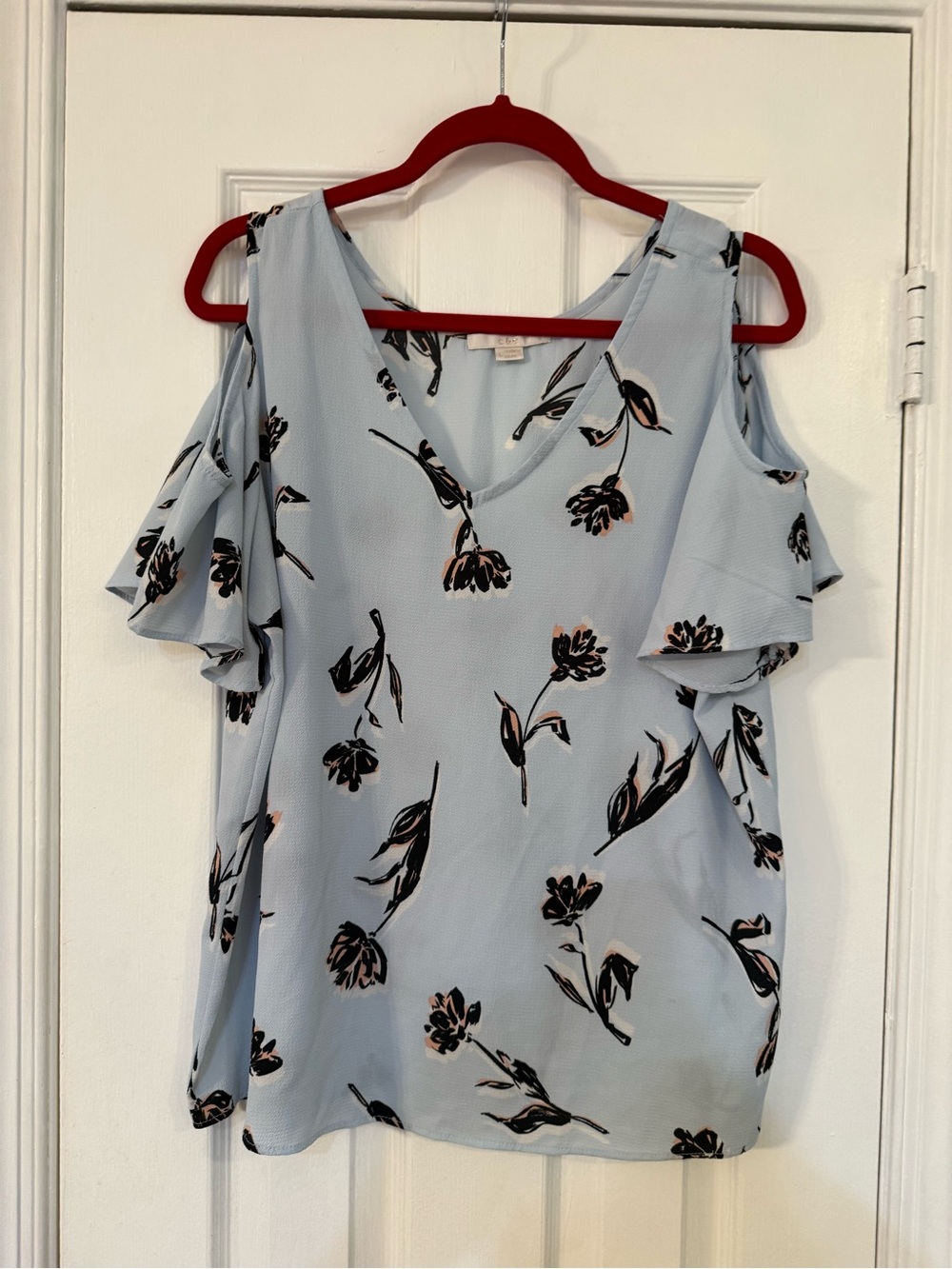 Light Blue Floral Cold-Shoulder Blouse with Ruffle Sleeves